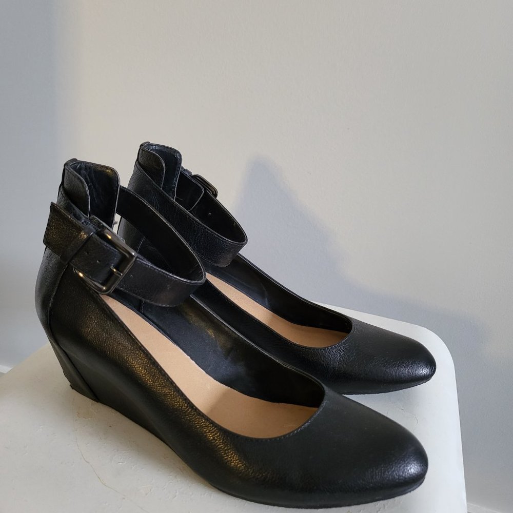 Black ankle strap wedge shoes